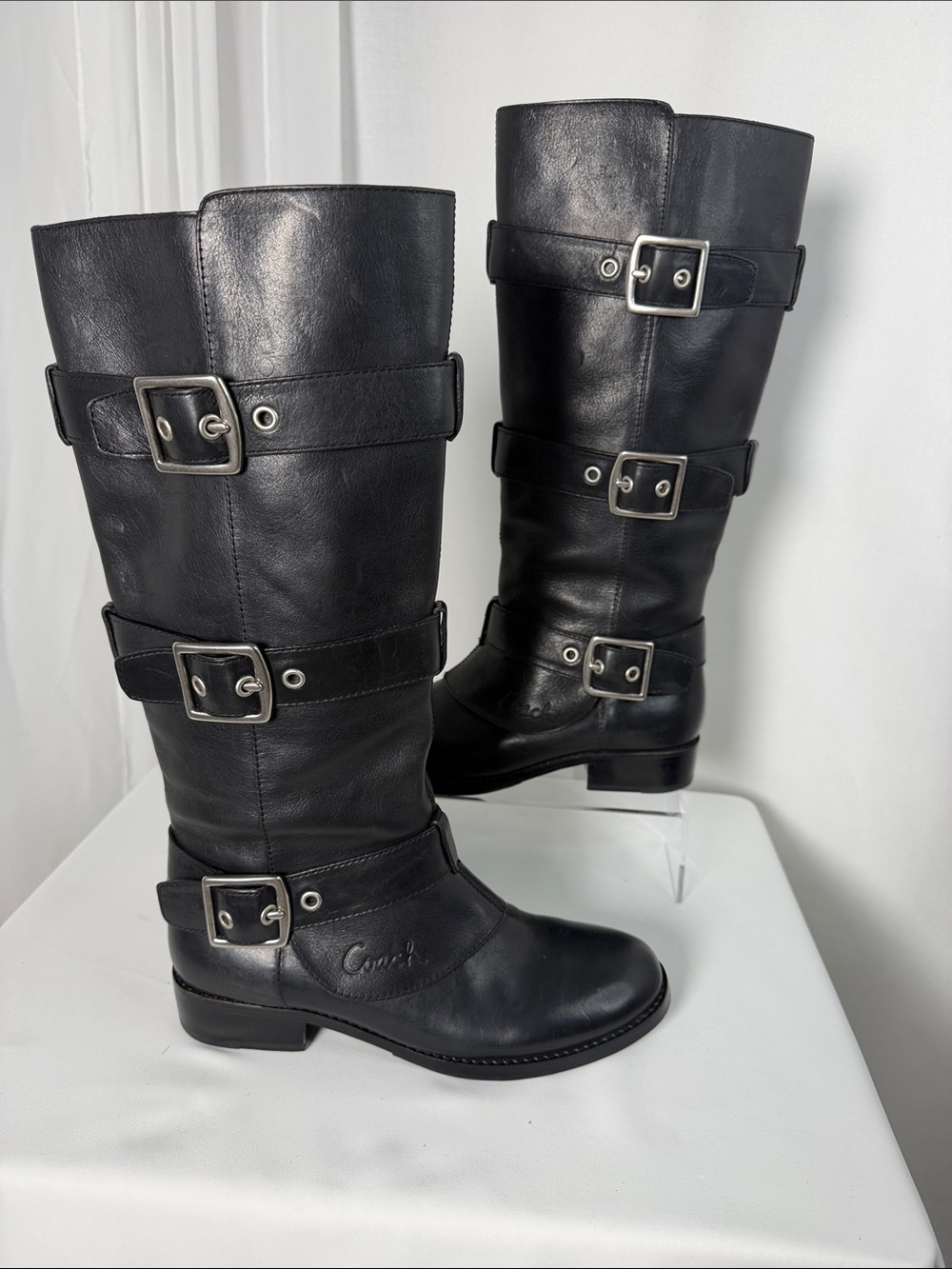 ✨ COACH Jordan Black Leather Multi-Buckle Tall Moto Boots - 7.5 ✨